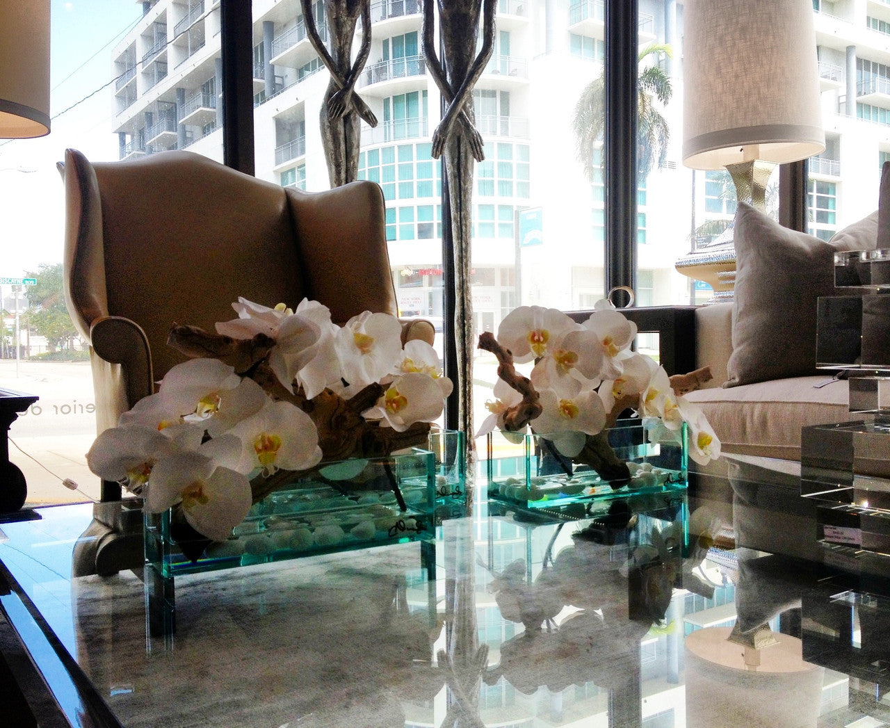 12" Casa Moderna Glass Plate Planter with white orchids