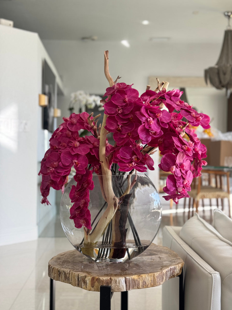 16" Glass Moon Vase with Pink Orchids and Driftwood