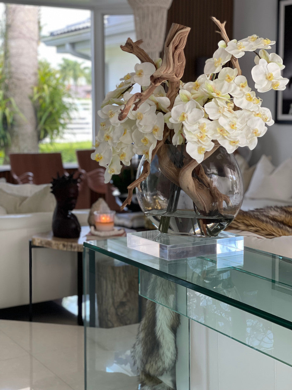 16" Moon vase with white orchids