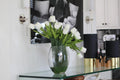16" Moon vase with white tulips