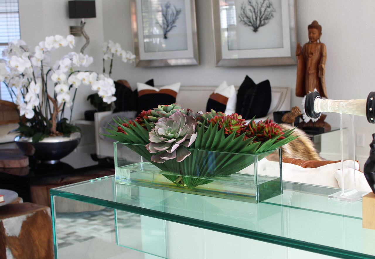 20" Glass plate planter with mixed succulents