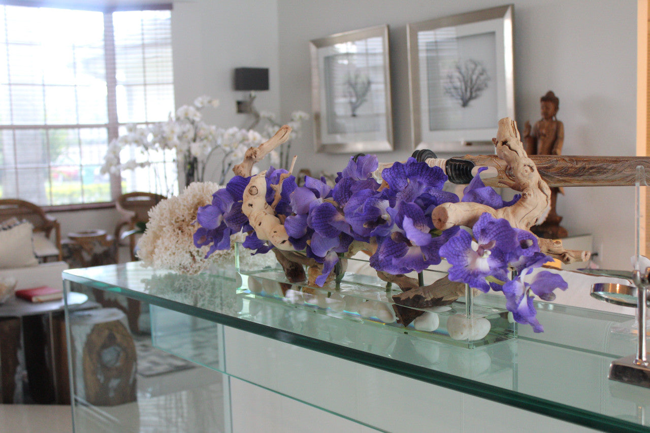 24" Casa Moderna glass plate planter with purple vandas