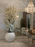 30" Glossy White Globe Planter with White Cherry Blossom Branches