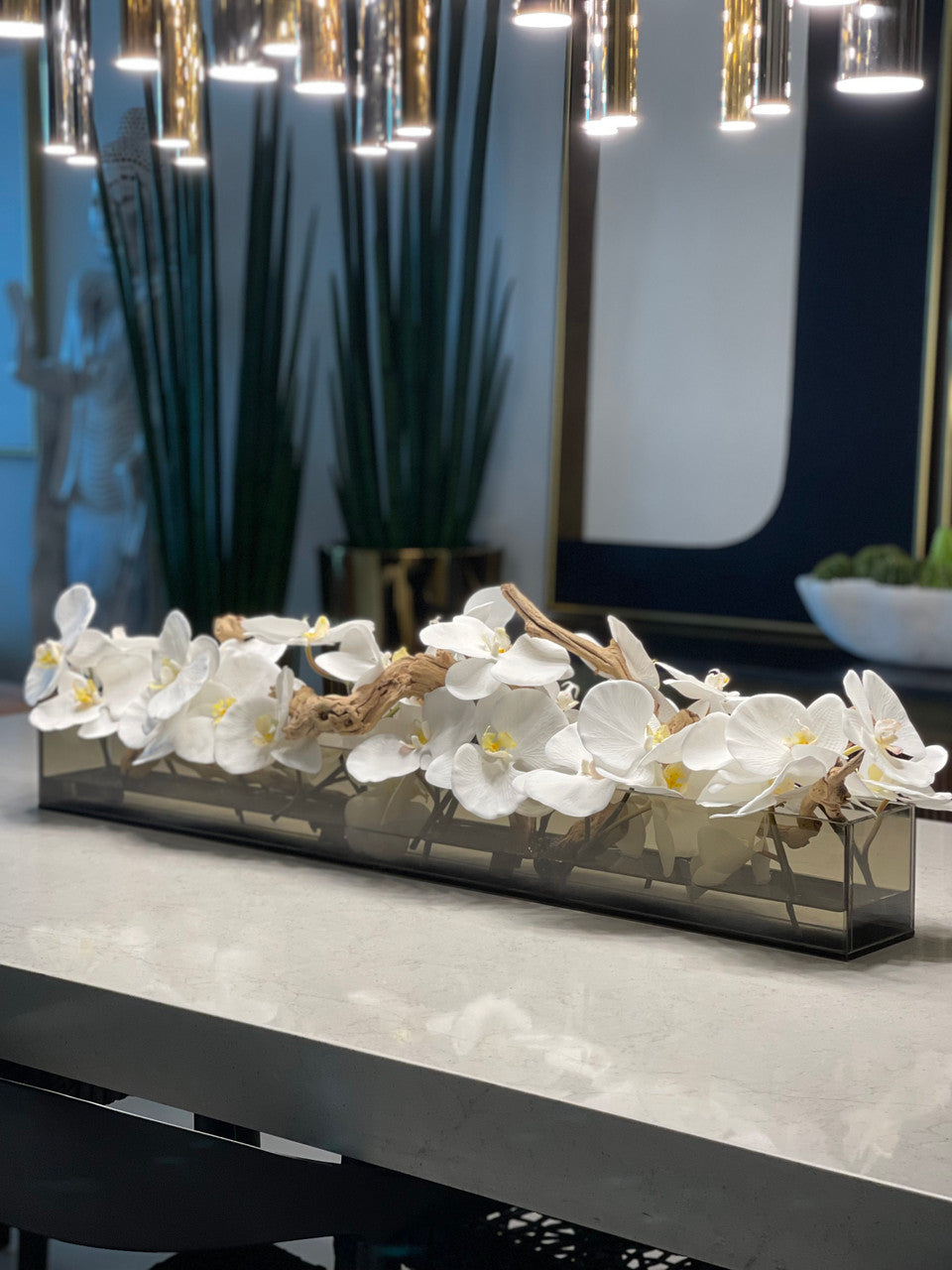 36" Casa Moderna Black Tinted Glass Plate Planter with white Phalaenopsis orchids