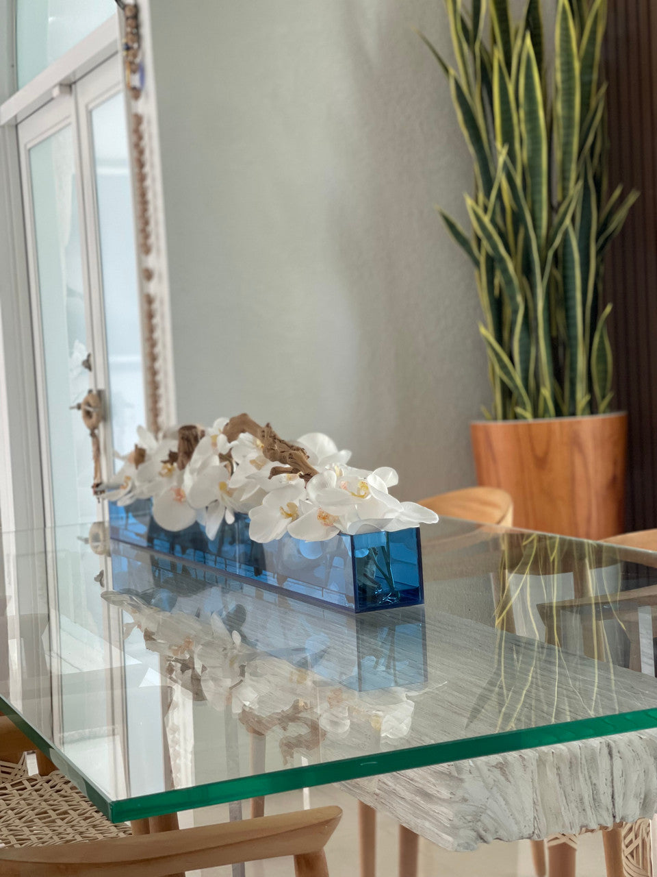 36" Casa Moderna Blue Acrylic Planter with White Orchids and Driftwood