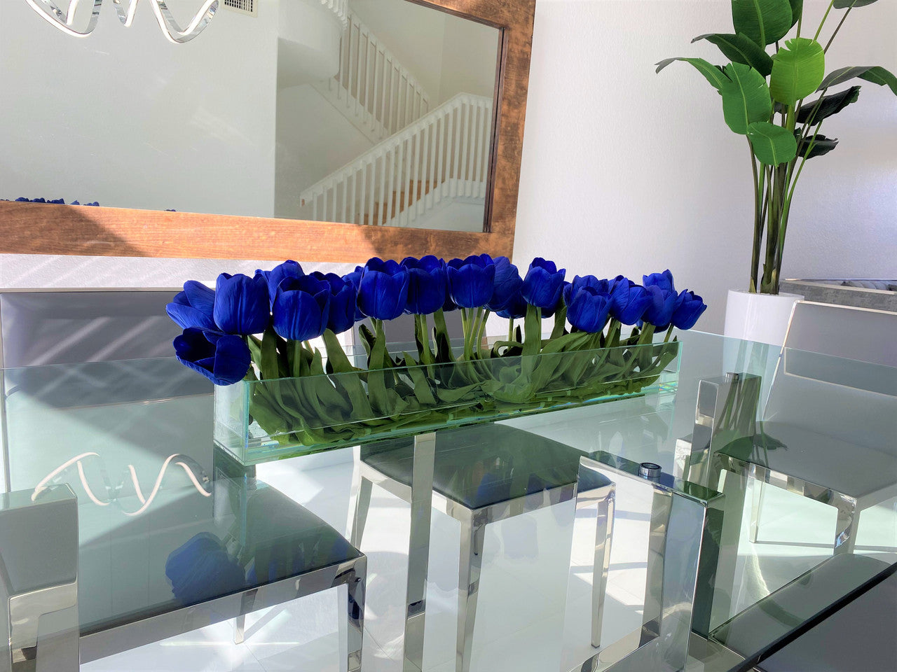 36" Casa Moderna Glass Plate Planter with Blue Tulips