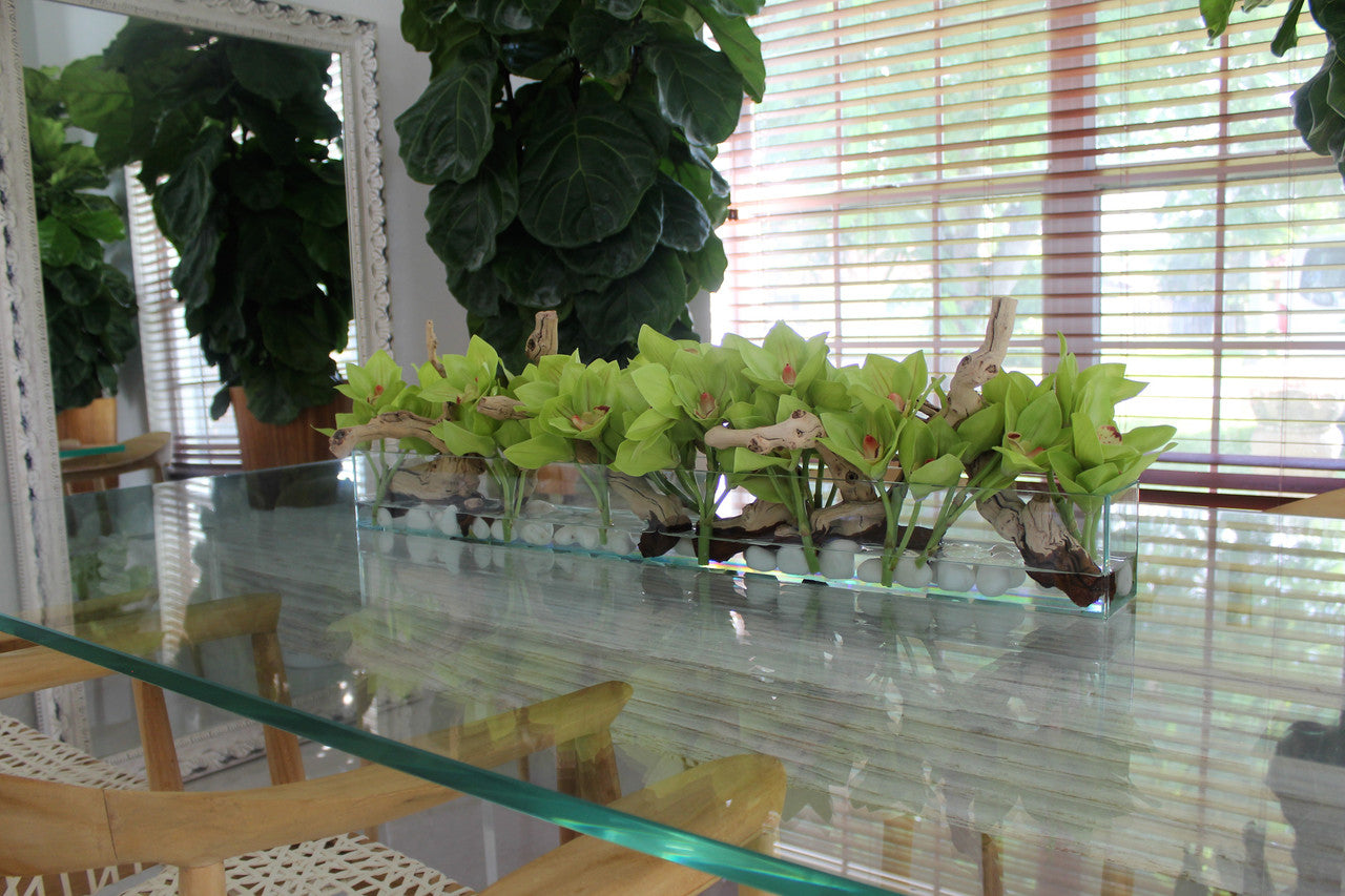 36" Casa Moderna glass plate planter with green Cymbidium orchids