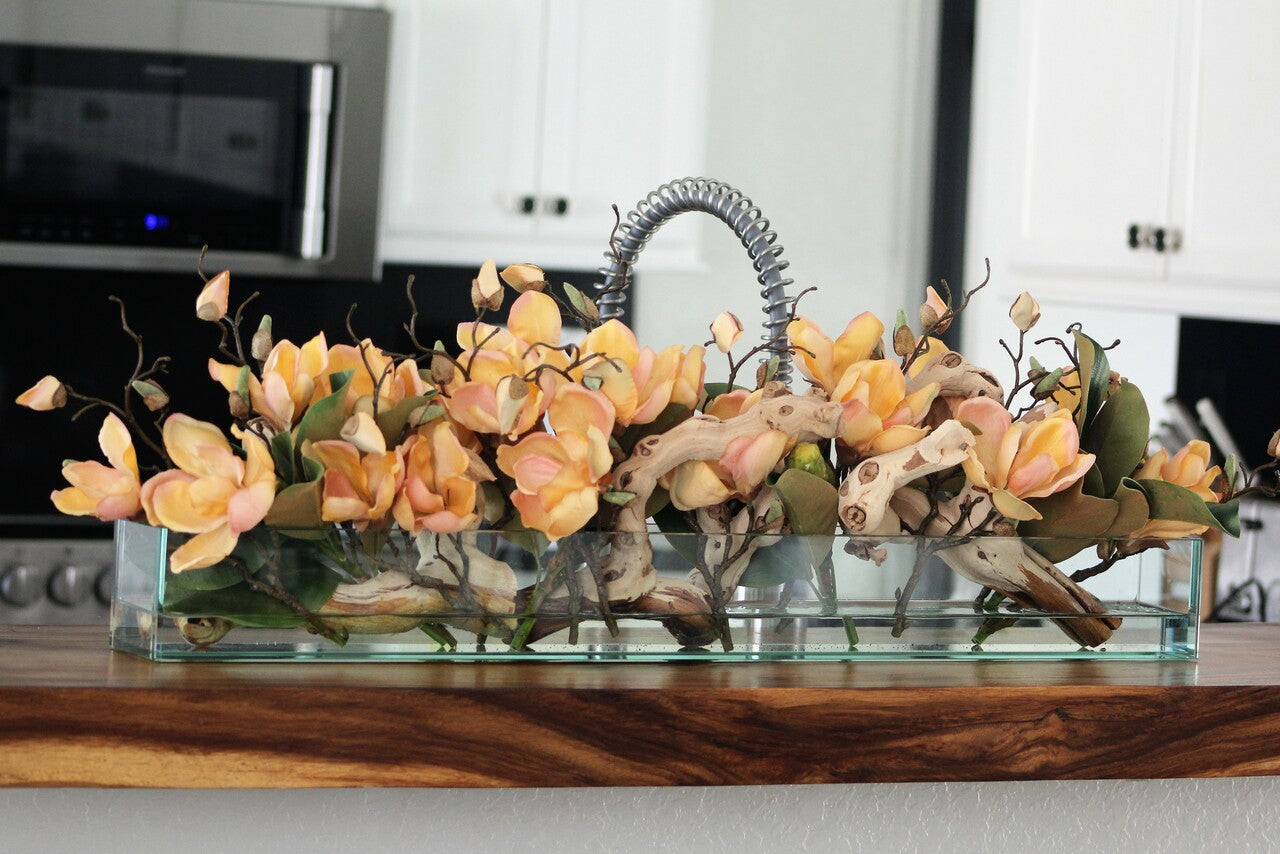 36" Casa Moderna glass plate planter with peach magnolias