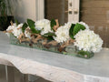 36" Casa Moderna Glass Plate Planter with white Hydrangeas and Driftwood