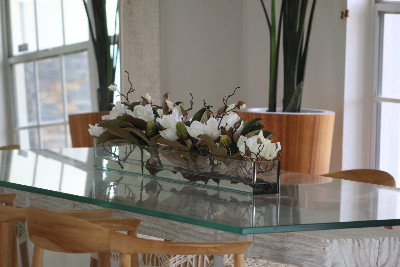 Cache-pot en verre plat Casa Moderna 36" aux magnolias blancs