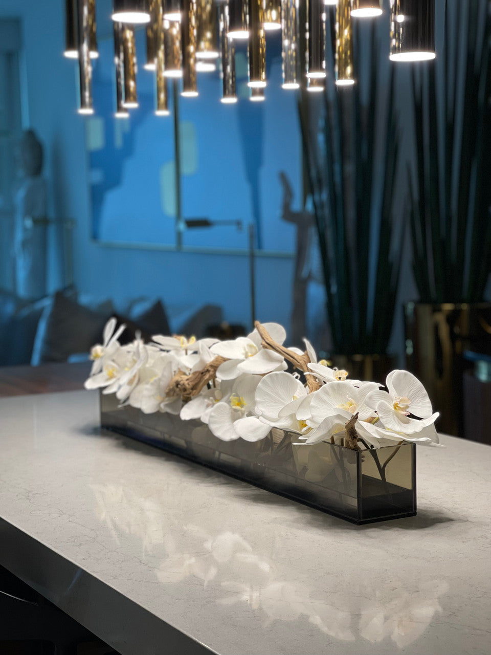 48" Casa Moderna Black Tinted Glass Plate Planter with white Phalaenopsis orchids