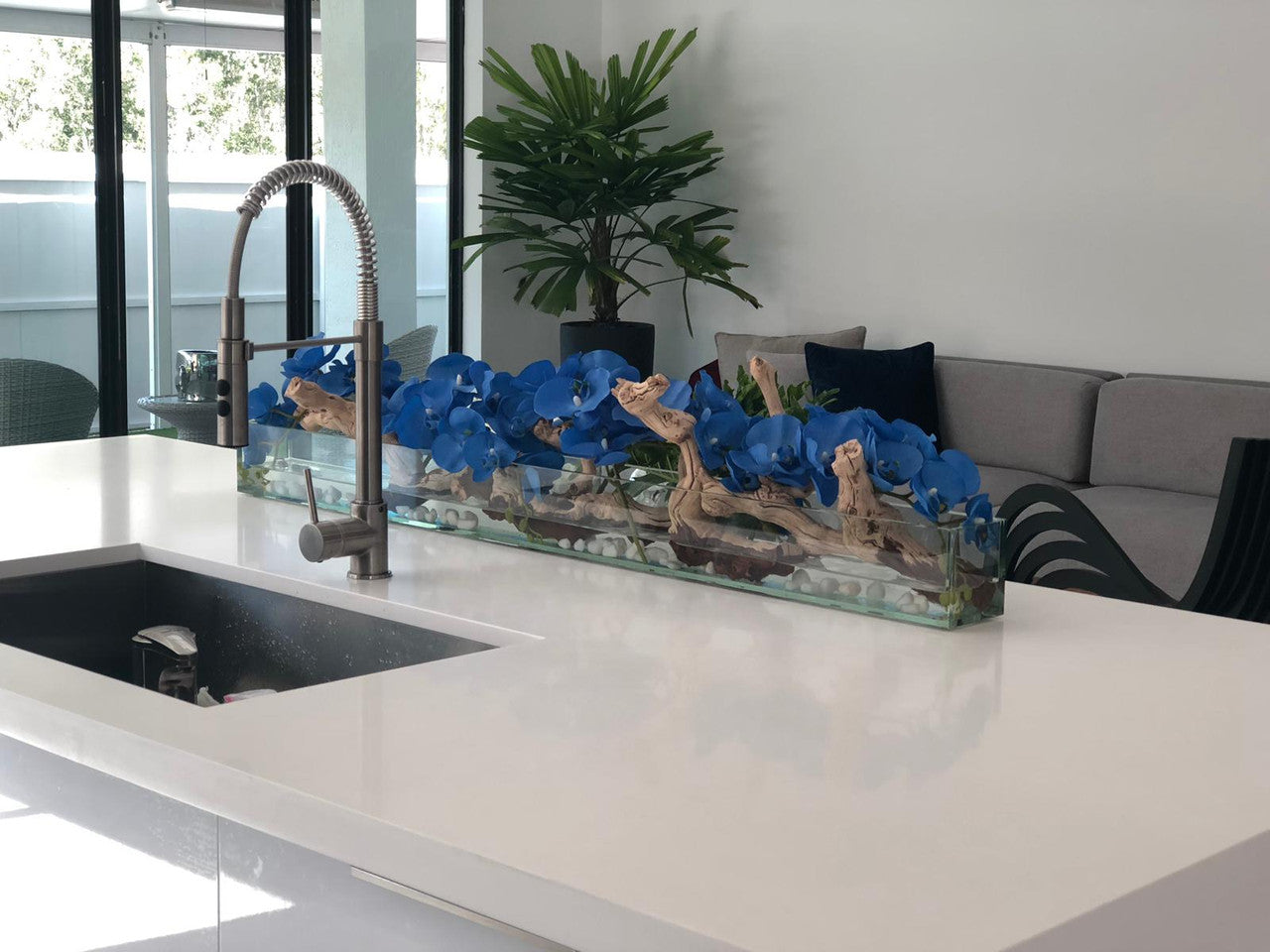 48" Casa Moderna Glass Plate Planter with blue orchids