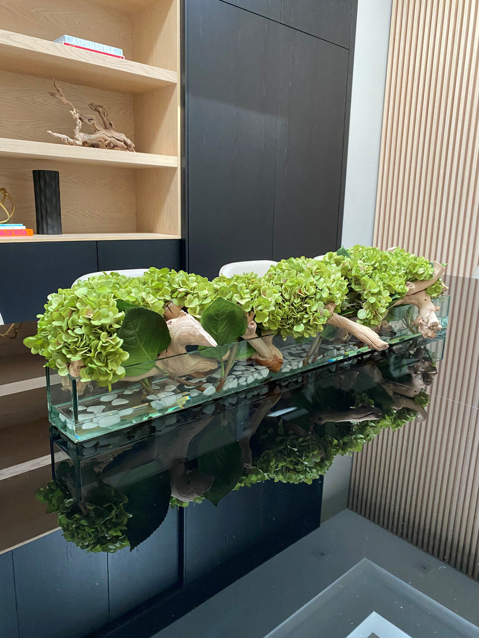 48" Casa Moderna Glass Plate Planter with Green Hydrangeas and Driftwood