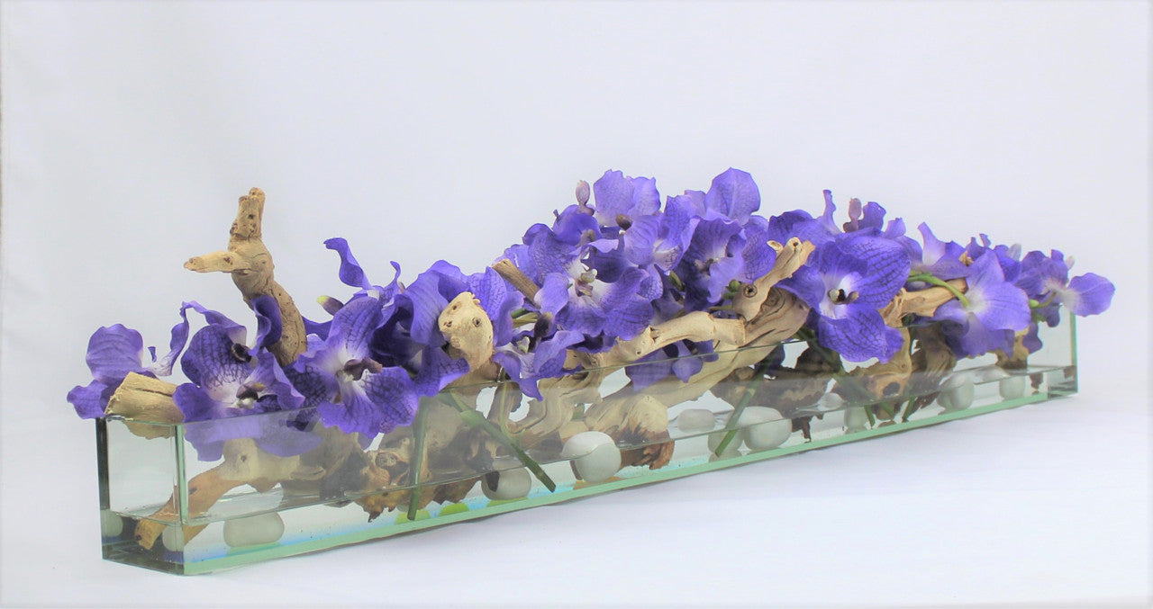 48" Casa Moderna glass plate planter with purple vandas