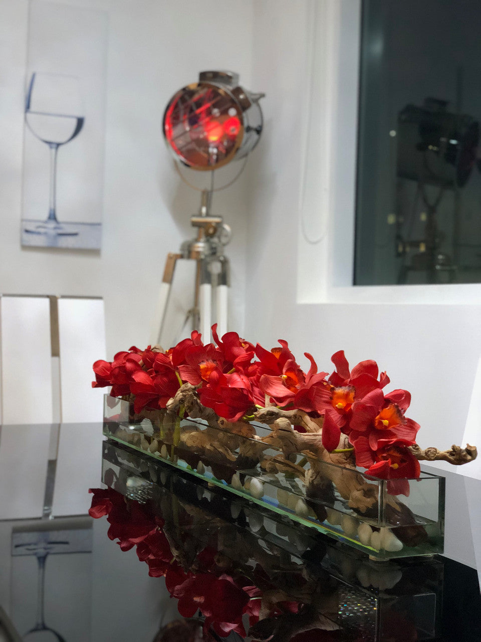 48" Casa Moderna glass plate planter with red Cymbidiums