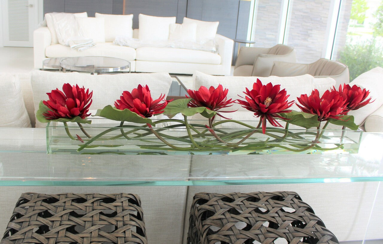 48" Casa Moderna glass plate planter with red water lilies