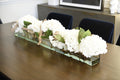 48" Casa Moderna Glass Plate Planter with white Hydrangeas and Driftwood