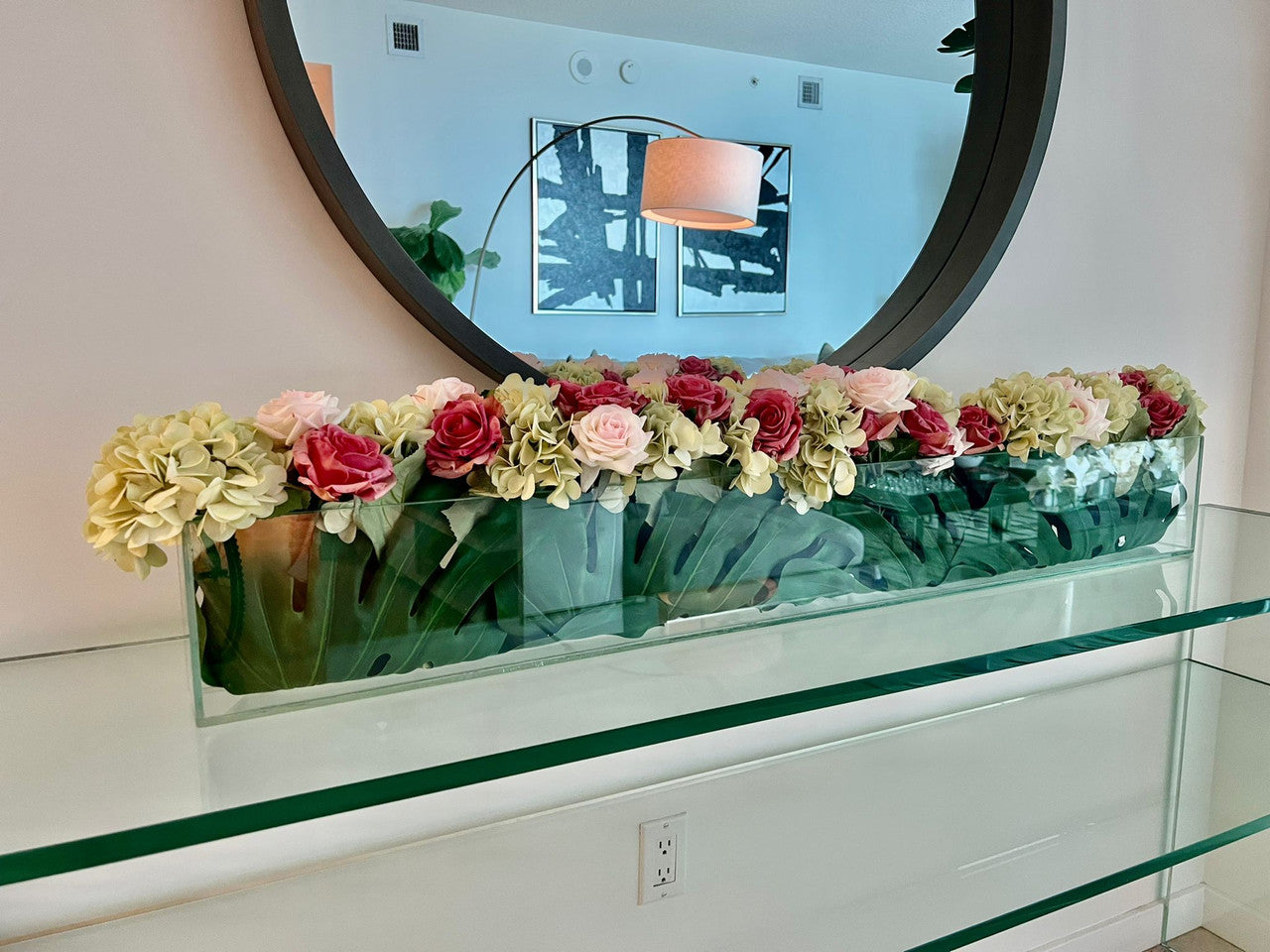 48" Skinny Casa Moderna Vase with Hydrangeas and Roses