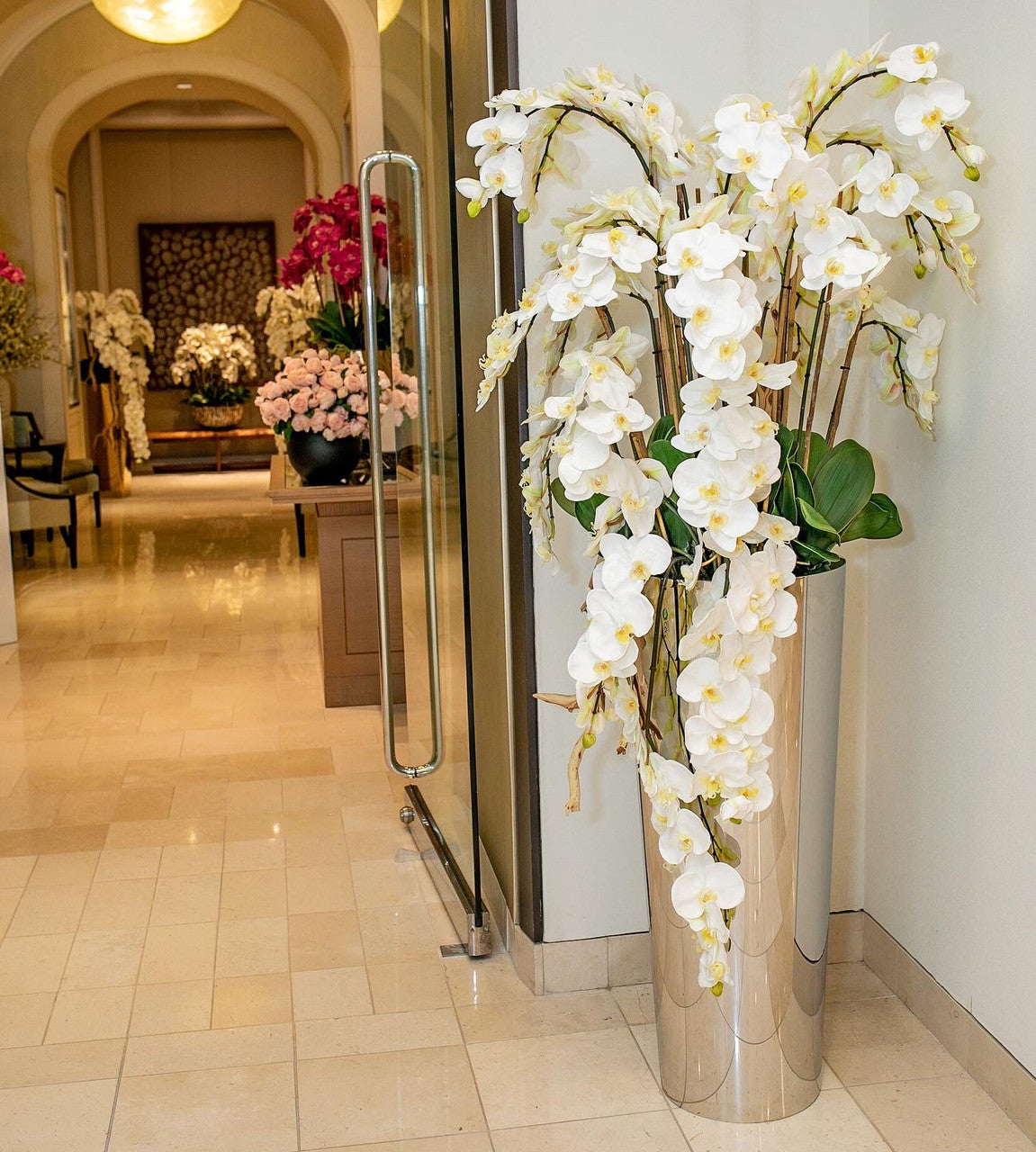 Orchidées Phalaenopsis retombantes dans cône fuselé en acier inoxydable poli