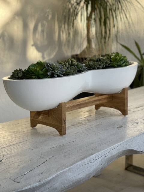 Cache-pot Infinity fibre de verre blanc et support aux succulentes