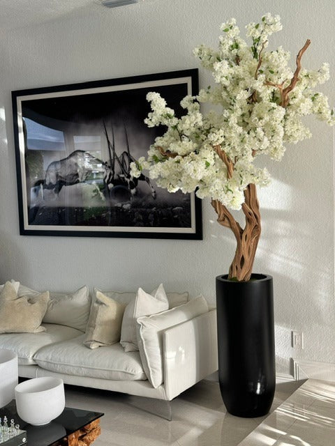Cache-pot St. Tropez noir mat au cerisier en fleurs blanc sur mesure