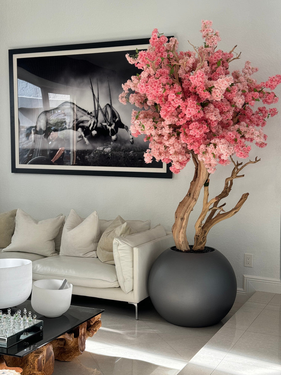 Globe gris métal mat au cerisier en fleurs bicolore sur mesure
