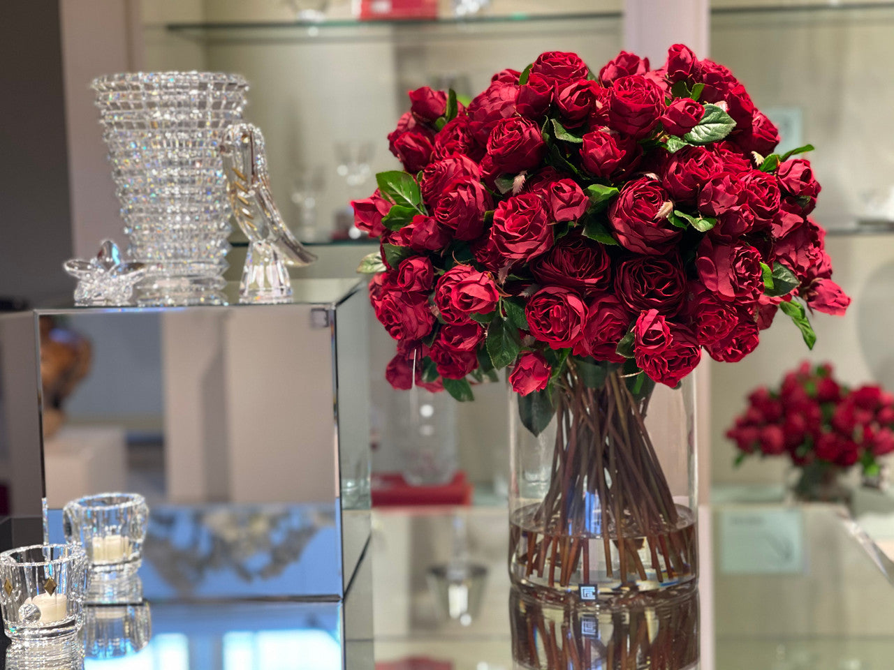 Red English Roses in 16" Glass Rota Vase