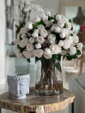 White English Roses in 16" Glass Rota Vase