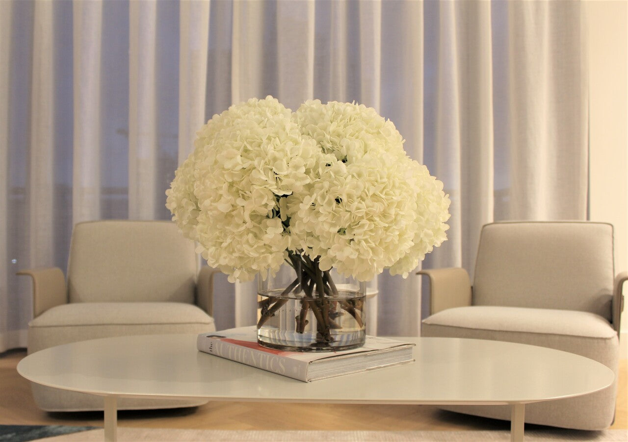 Bouquet d'hortensias blancs dans vase cylindre en verre transparent