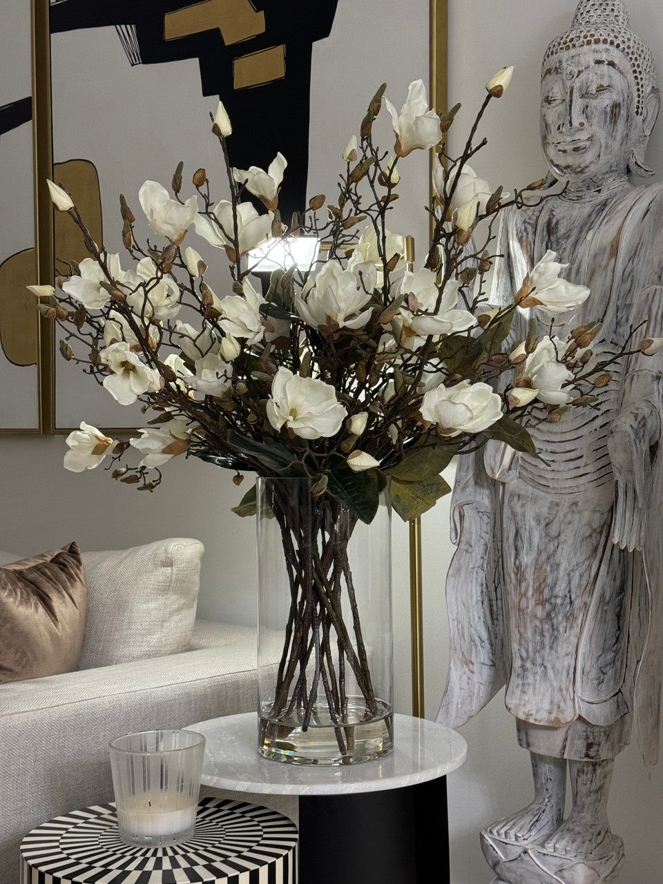 White Magnolias In 16" Glass Cylinder