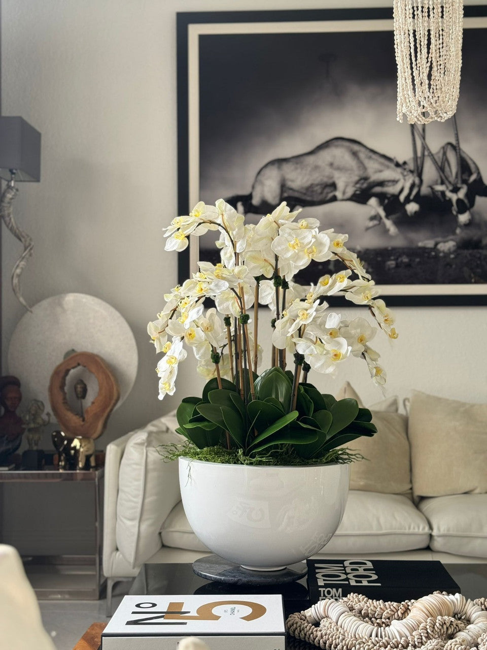 Orchidées blanches dans coupe en fibre de verre blanc brillant